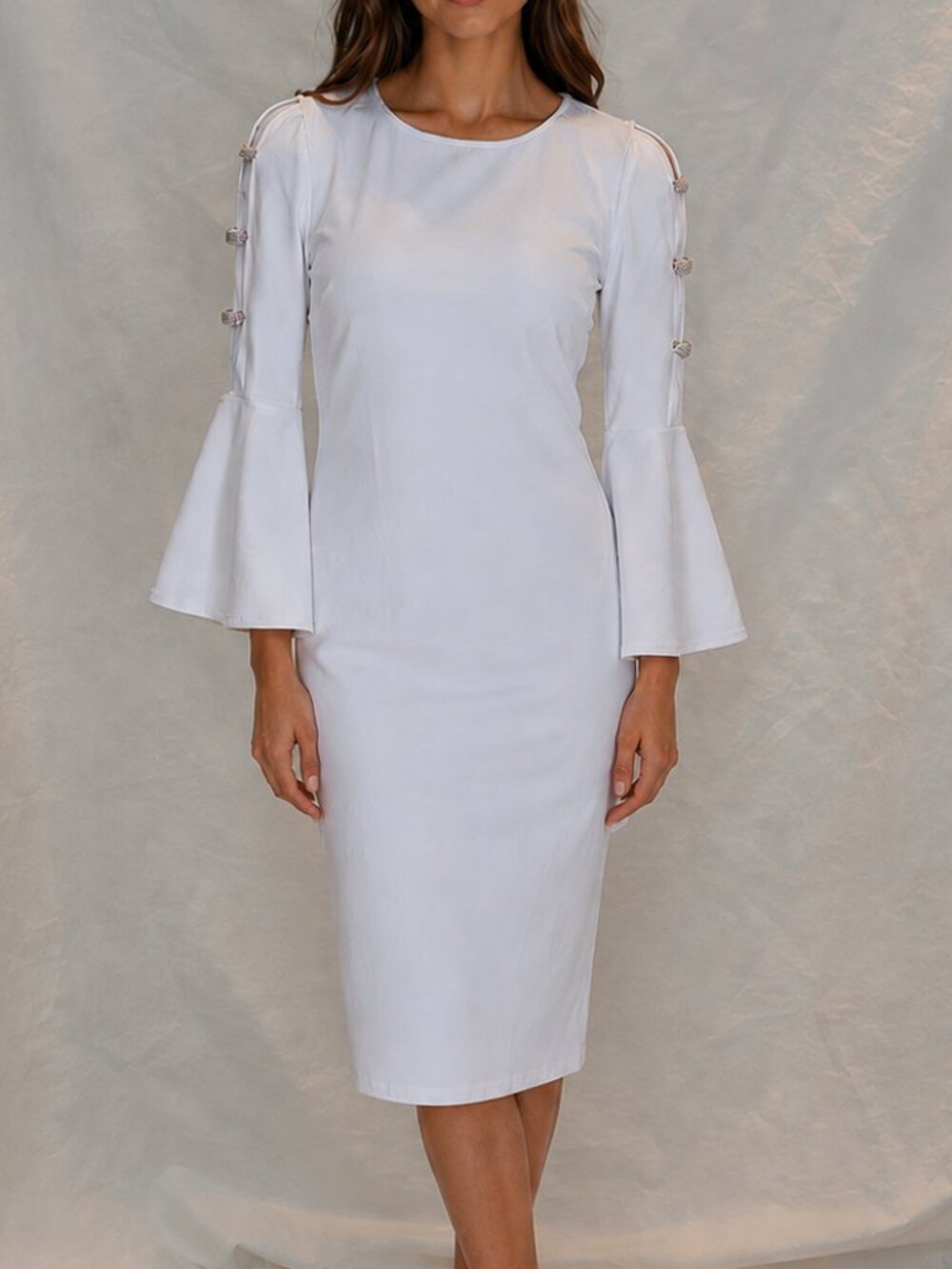 Dress 14/16 White Bell Sleeve Cutouts Shift Midi Rhinestone Straps Pullover New